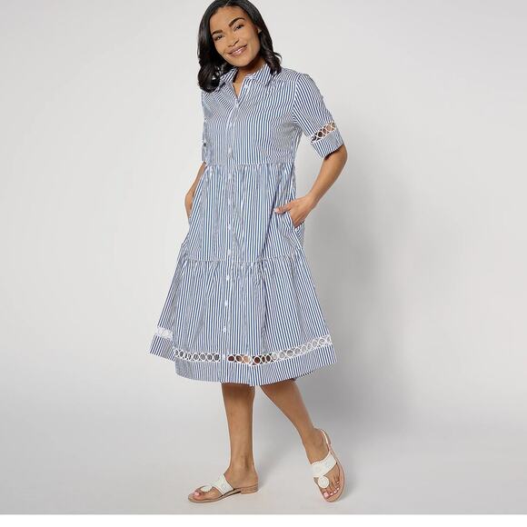 Joan Rivers Petite Navy Stripe Midi Shirt Dress with Circle Trim Pockets LP NWT - Picture 1 of 9